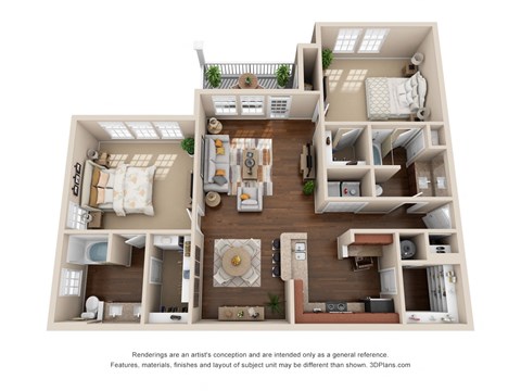 Floor plan for 2 beds, 2 baths, 1335 sqft